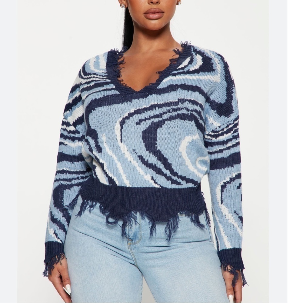 NWT JUST POLLY Lost My Marbles Sweater Navy white frayed size M oversized
